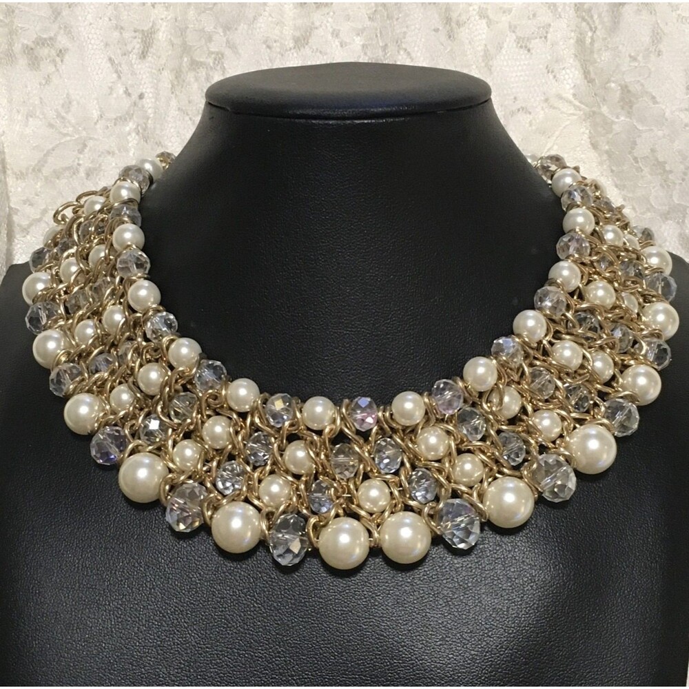 Chunky Gold Tone Chain Faux Pearl Bead Collar Necklace Statement Jewelry